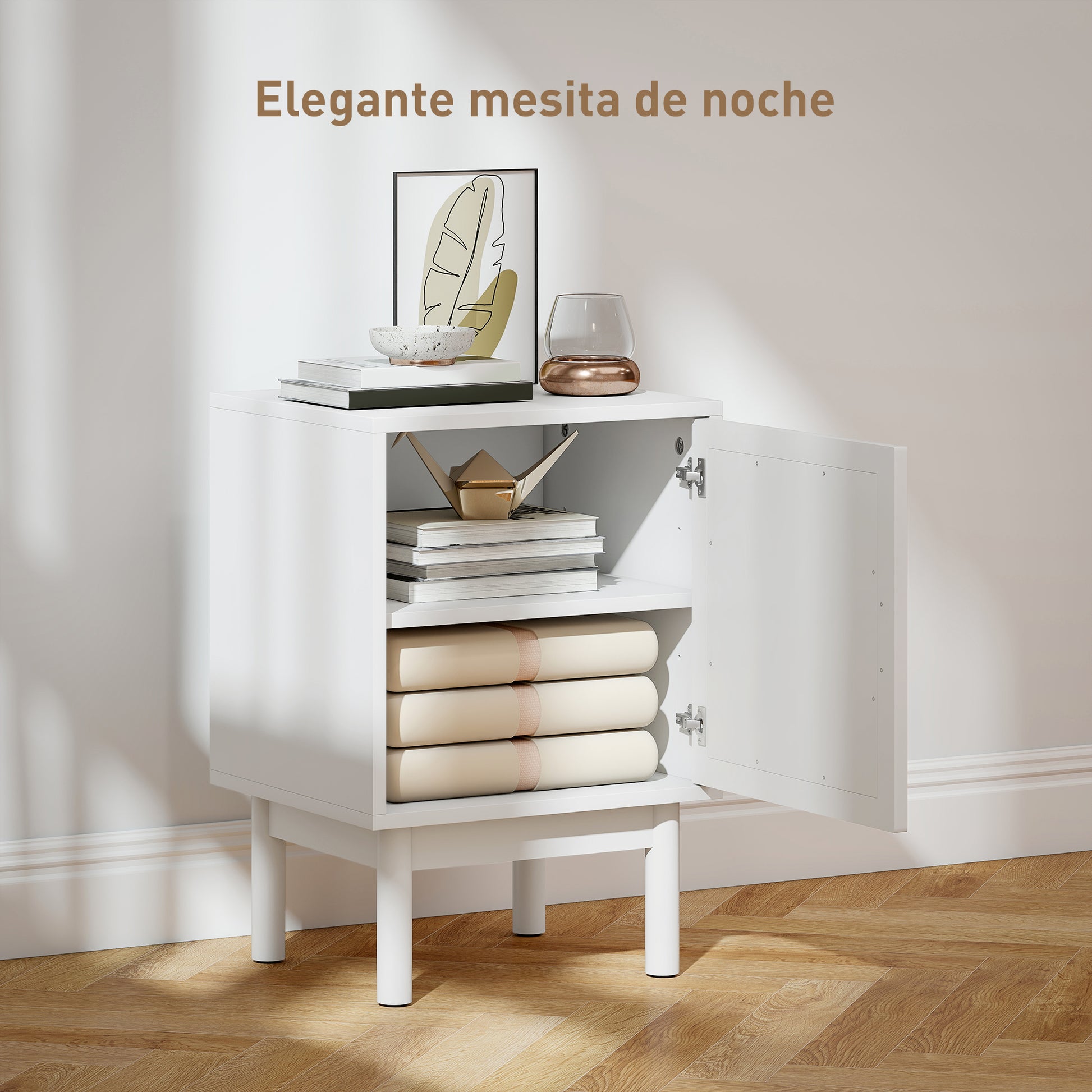 Nightstand Bedside Table with Rattan Door Adjustable Shelf and Wood Legs Bohemian Style Side Table for Living Room Bedroom 40x35x58 cm White