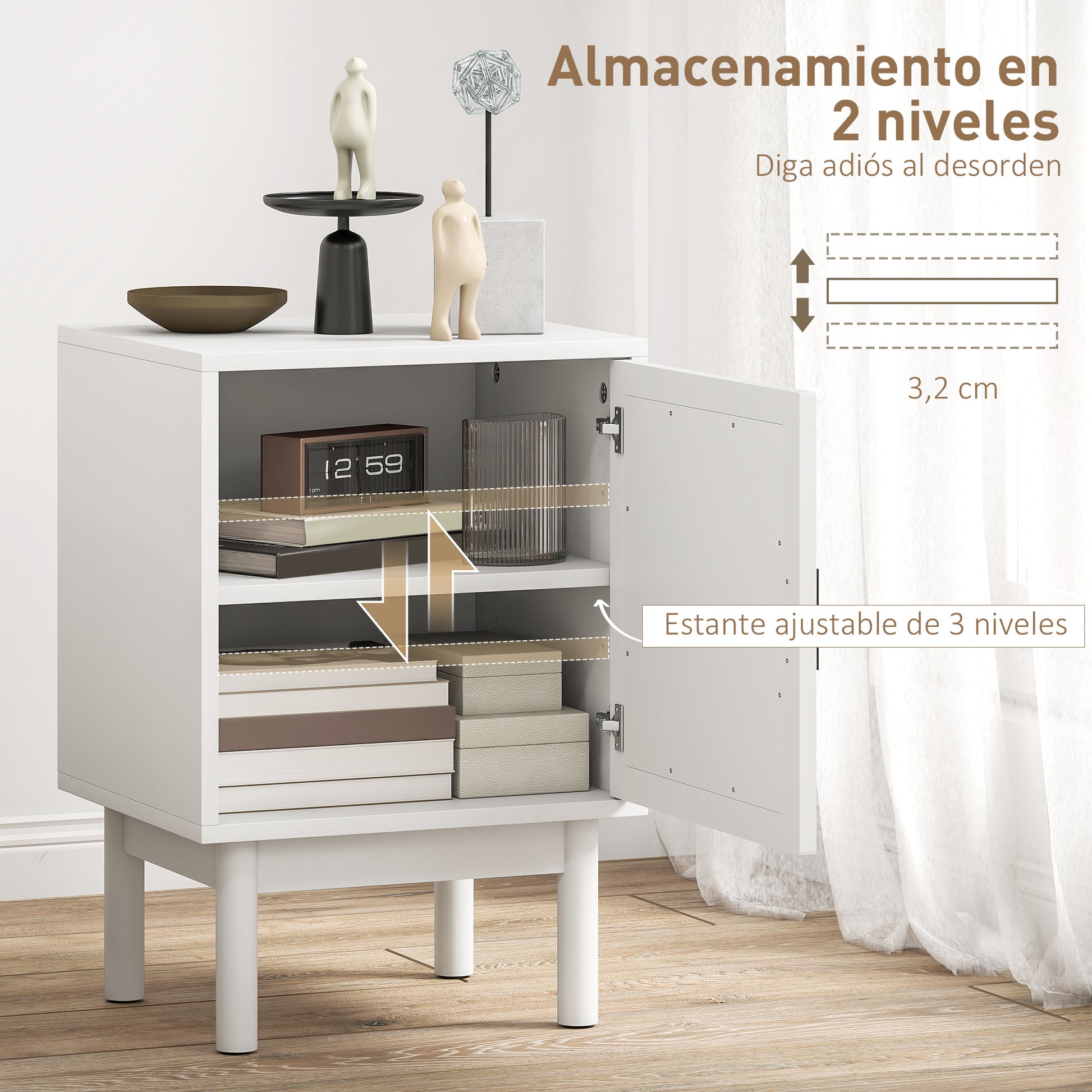 Nightstand Bedside Table with Rattan Door Adjustable Shelf and Wood Legs Bohemian Style Side Table for Living Room Bedroom 40x35x58 cm White