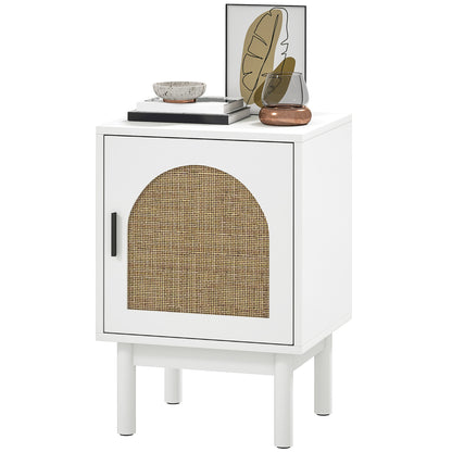 Nightstand Bedside Table with Rattan Door Adjustable Shelf and Wood Legs Bohemian Style Side Table for Living Room Bedroom 40x35x58 cm White