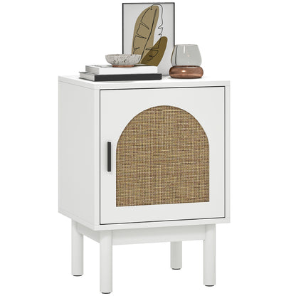 Nightstand Bedside Table with Rattan Door Adjustable Shelf and Wood Legs Bohemian Style Side Table for Living Room Bedroom 40x35x58 cm White