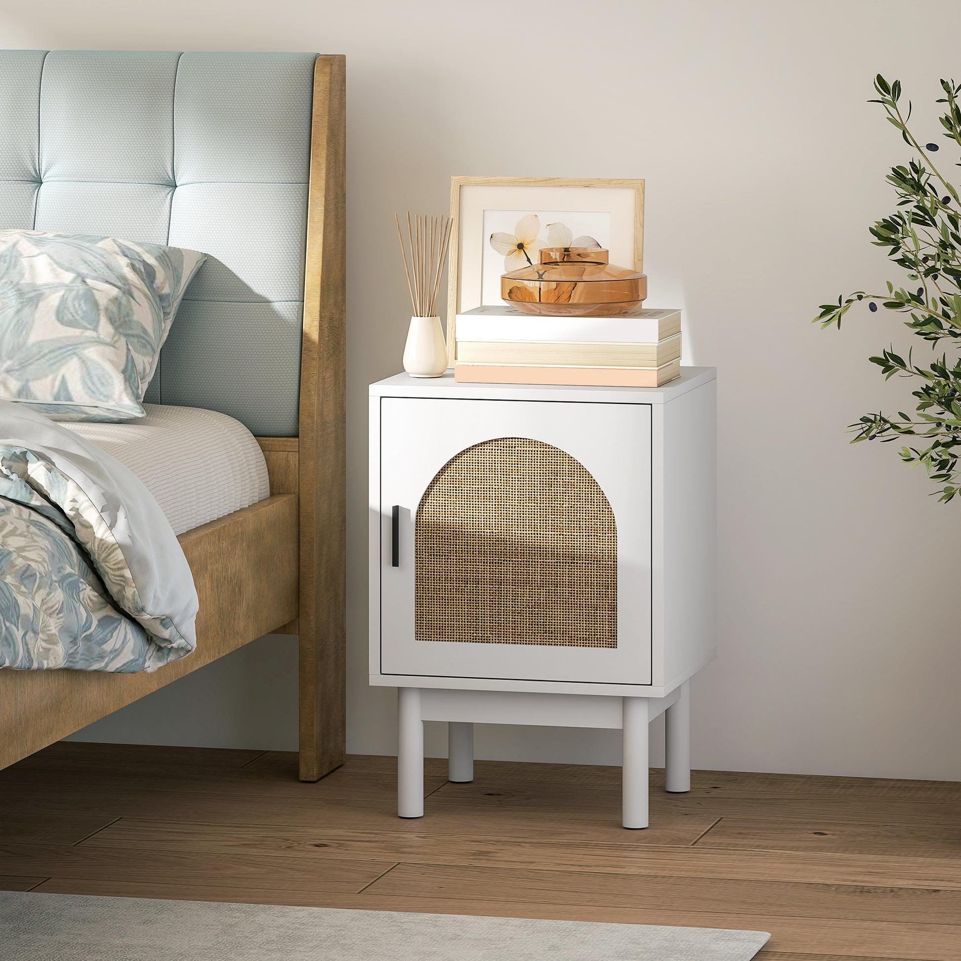 Nightstand Bedside Table with Rattan Door Adjustable Shelf and Wood Legs Bohemian Style Side Table for Living Room Bedroom 40x35x58 cm White