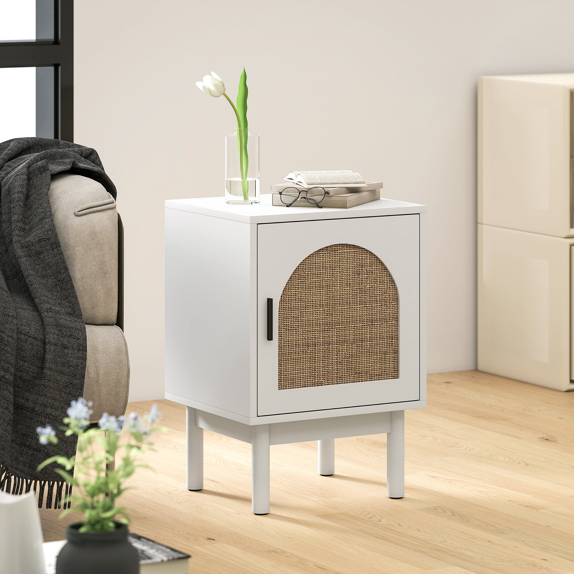 Nightstand Bedside Table with Rattan Door Adjustable Shelf and Wood Legs Bohemian Style Side Table for Living Room Bedroom 40x35x58 cm White