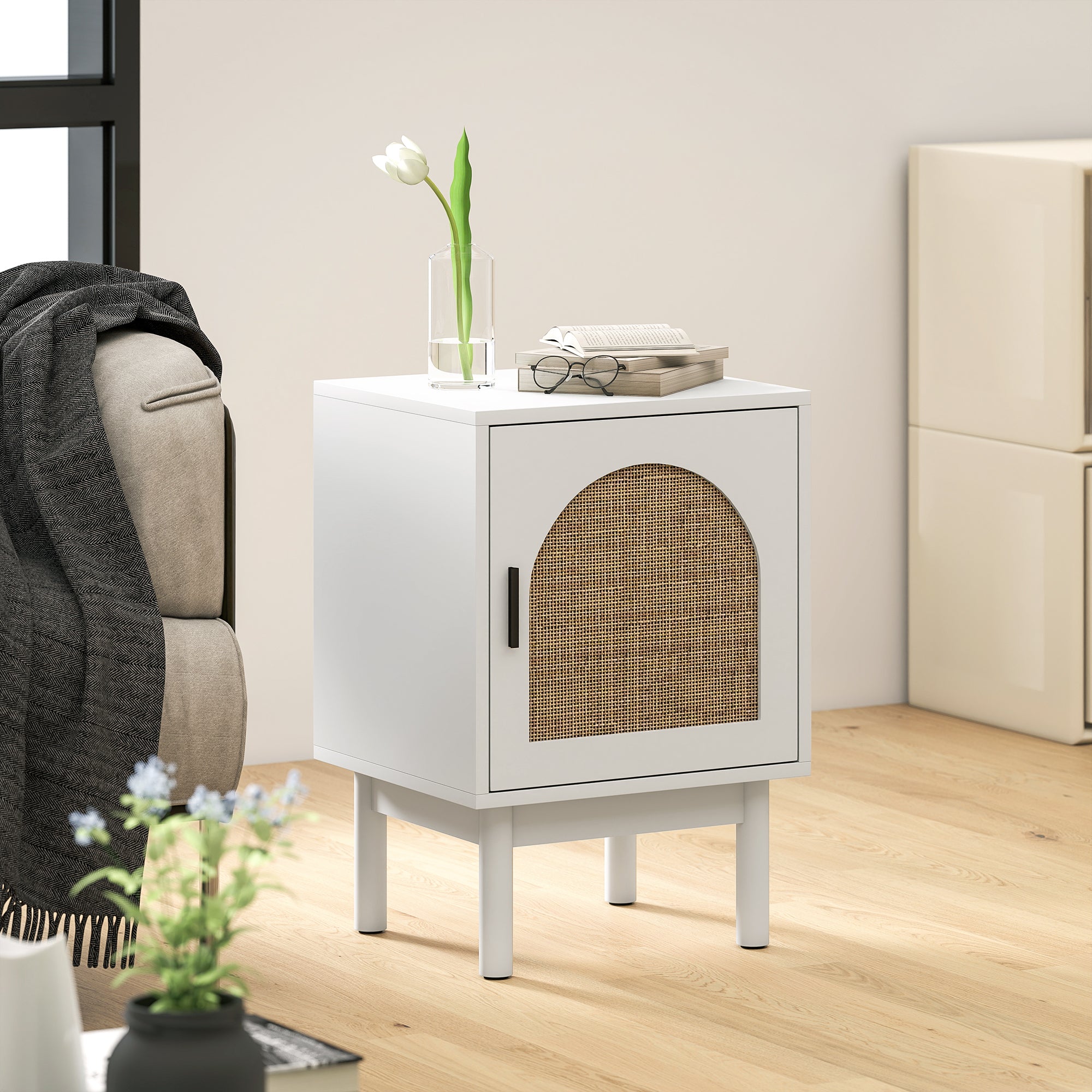 Nightstand Bedside Table with Rattan Door Adjustable Shelf and Wood Legs Bohemian Style Side Table for Living Room Bedroom 40x35x58 cm White