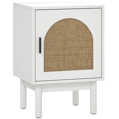 Nightstand Bedside Table with Rattan Door Adjustable Shelf and Wood Legs Bohemian Style Side Table for Living Room Bedroom 40x35x58 cm White