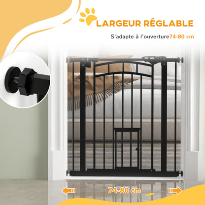 Dog Safety Barrier, Pressure Mounted Stair Gate, No Drill Installation, Auto Close Door, Double Locking System, 74 to 80 cm, Steel, Black