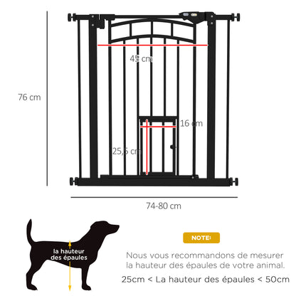 Dog Safety Barrier, Pressure Mounted Stair Gate, No Drill Installation, Auto Close Door, Double Locking System, 74 to 80 cm, Steel, Black