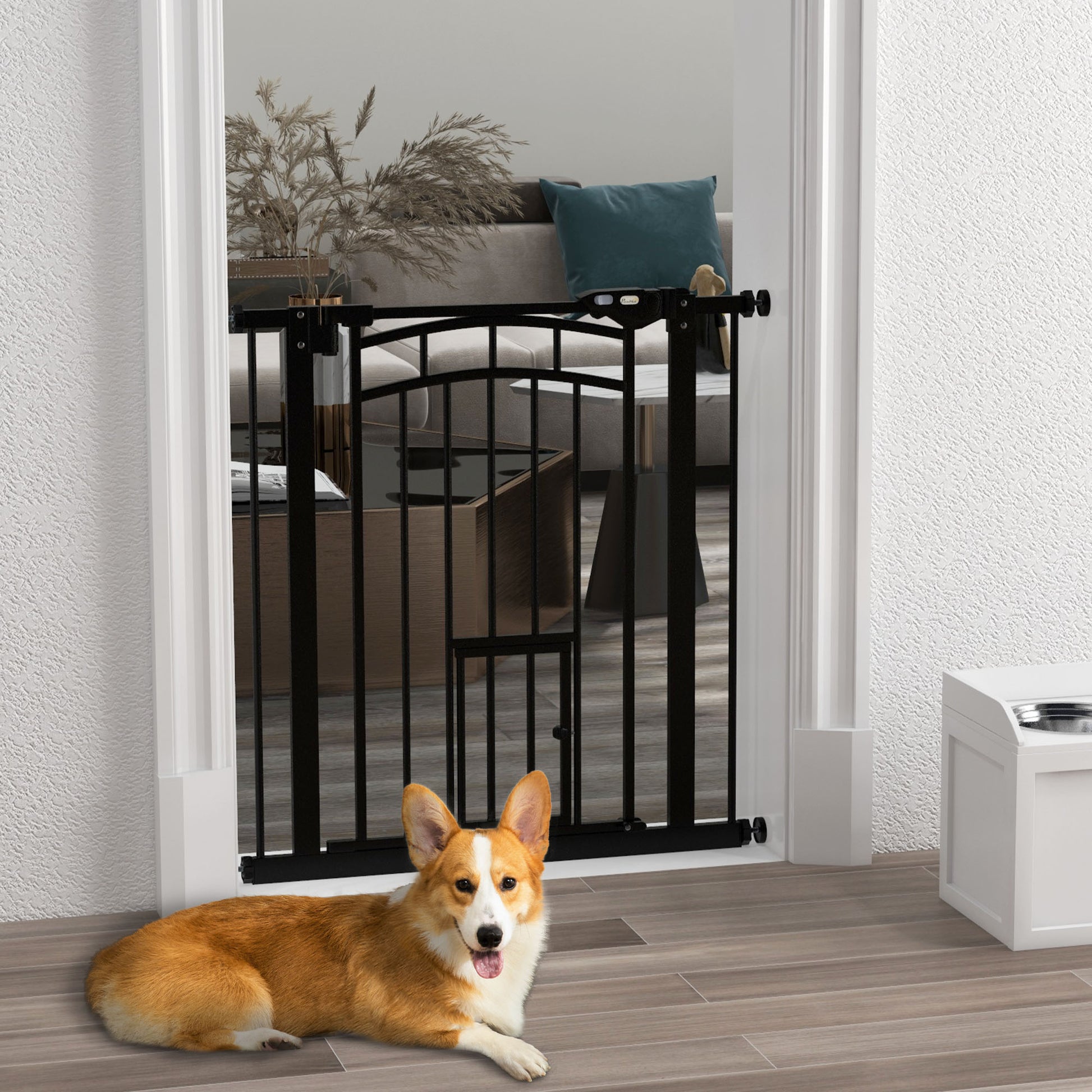 Dog Safety Barrier, Pressure Mounted Stair Gate, No Drill Installation, Auto Close Door, Double Locking System, 74 to 80 cm, Steel, Black