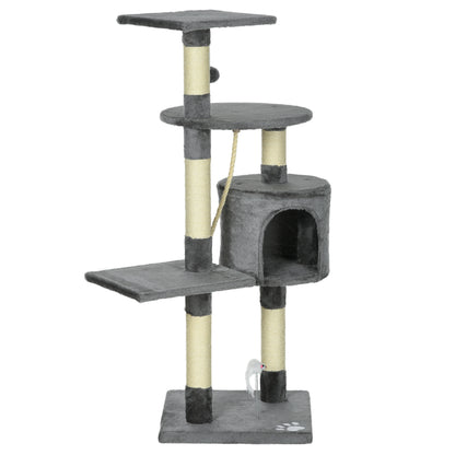 Cat Scratcher Height 116 cm Cat Tree Climbing Tower with Sisal Scratching Posts Cozy Cave Platforms and Fun Hanging Toys Dark Gray