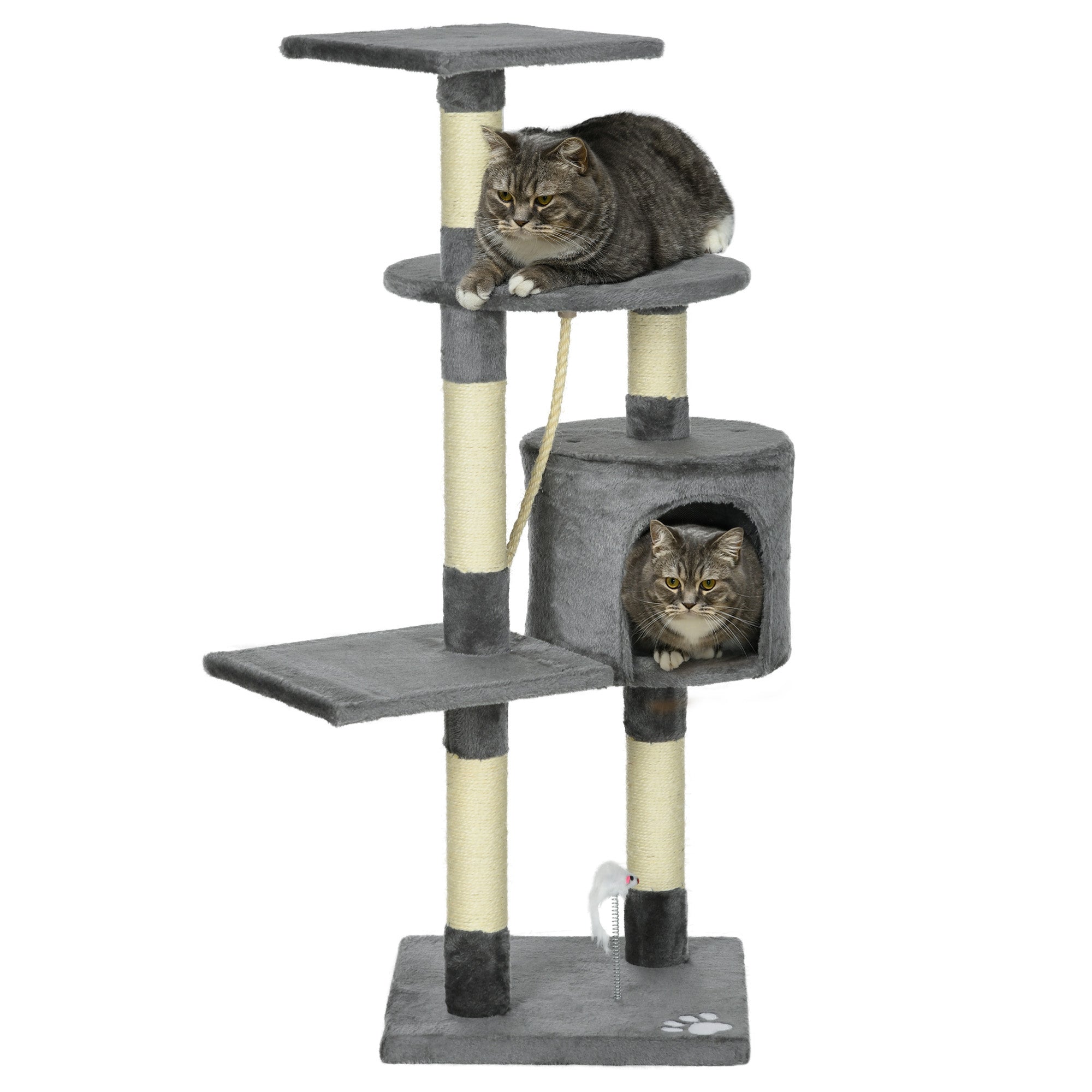 Cat Scratcher Height 116 cm Cat Tree Climbing Tower with Sisal Scratching Posts Cozy Cave Platforms and Fun Hanging Toys Dark Gray