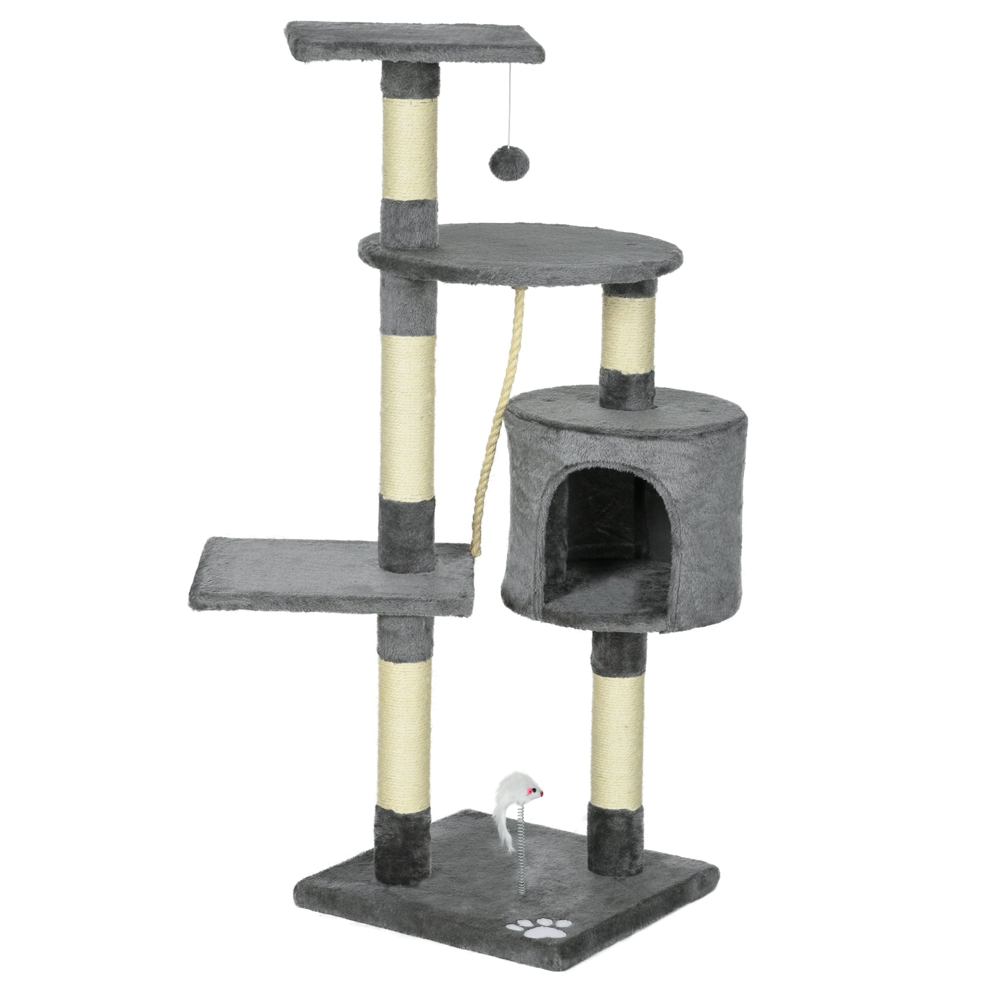Cat Scratcher Height 116 cm Cat Tree Climbing Tower with Sisal Scratching Posts Cozy Cave Platforms and Fun Hanging Toys Dark Gray