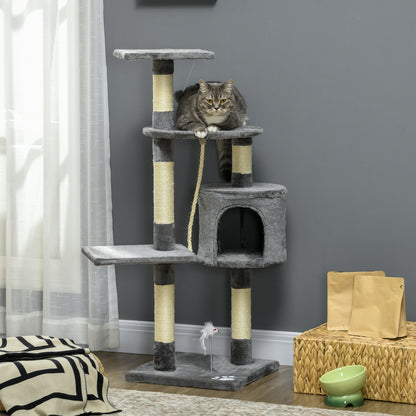 Cat Scratcher Height 116 cm Cat Tree Climbing Tower with Sisal Scratching Posts Cozy Cave Platforms and Fun Hanging Toys Dark Gray
