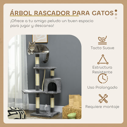 Cat Scratcher Height 116 cm Cat Tree Climbing Tower with Sisal Scratching Posts Cozy Cave Platforms and Fun Hanging Toys Dark Gray