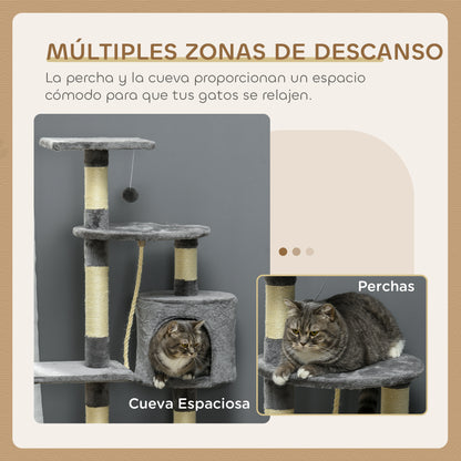Cat Scratcher Height 116 cm Cat Tree Climbing Tower with Sisal Scratching Posts Cozy Cave Platforms and Fun Hanging Toys Dark Gray