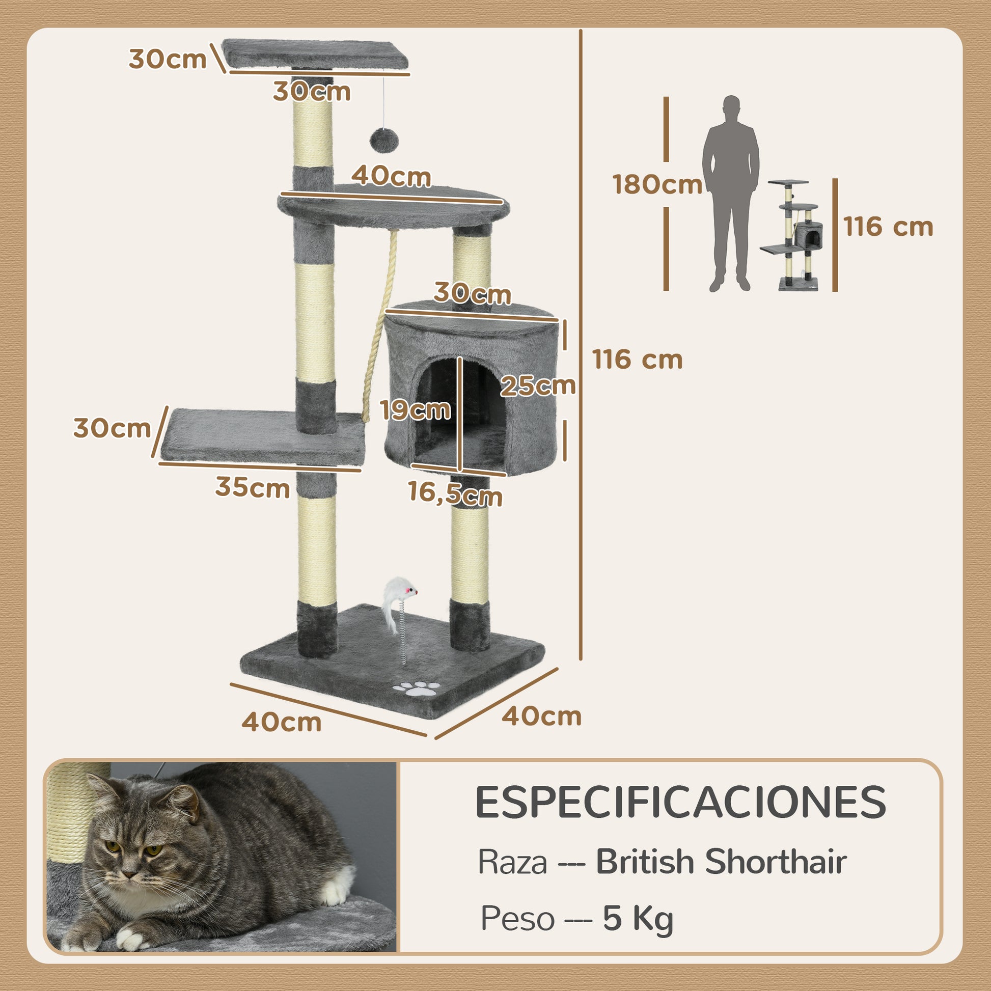 Cat Scratcher Height 116 cm Cat Tree Climbing Tower with Sisal Scratching Posts Cozy Cave Platforms and Fun Hanging Toys Dark Gray