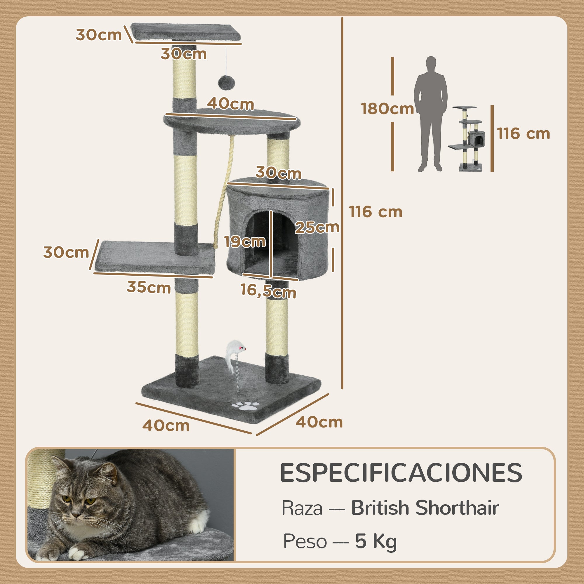 Cat Scratcher Height 116 cm Cat Tree Climbing Tower with Sisal Scratching Posts Cozy Cave Platforms and Fun Hanging Toys Dark Gray