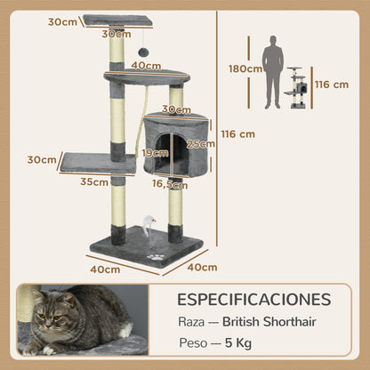 Cat Scratcher Height 116 cm Cat Tree Climbing Tower with Sisal Scratching Posts Cozy Cave Platforms and Fun Hanging Toys Dark Gray