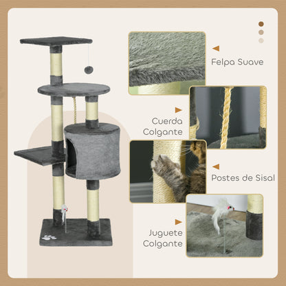 Cat Scratcher Height 116 cm Cat Tree Climbing Tower with Sisal Scratching Posts Cozy Cave Platforms and Fun Hanging Toys Dark Gray