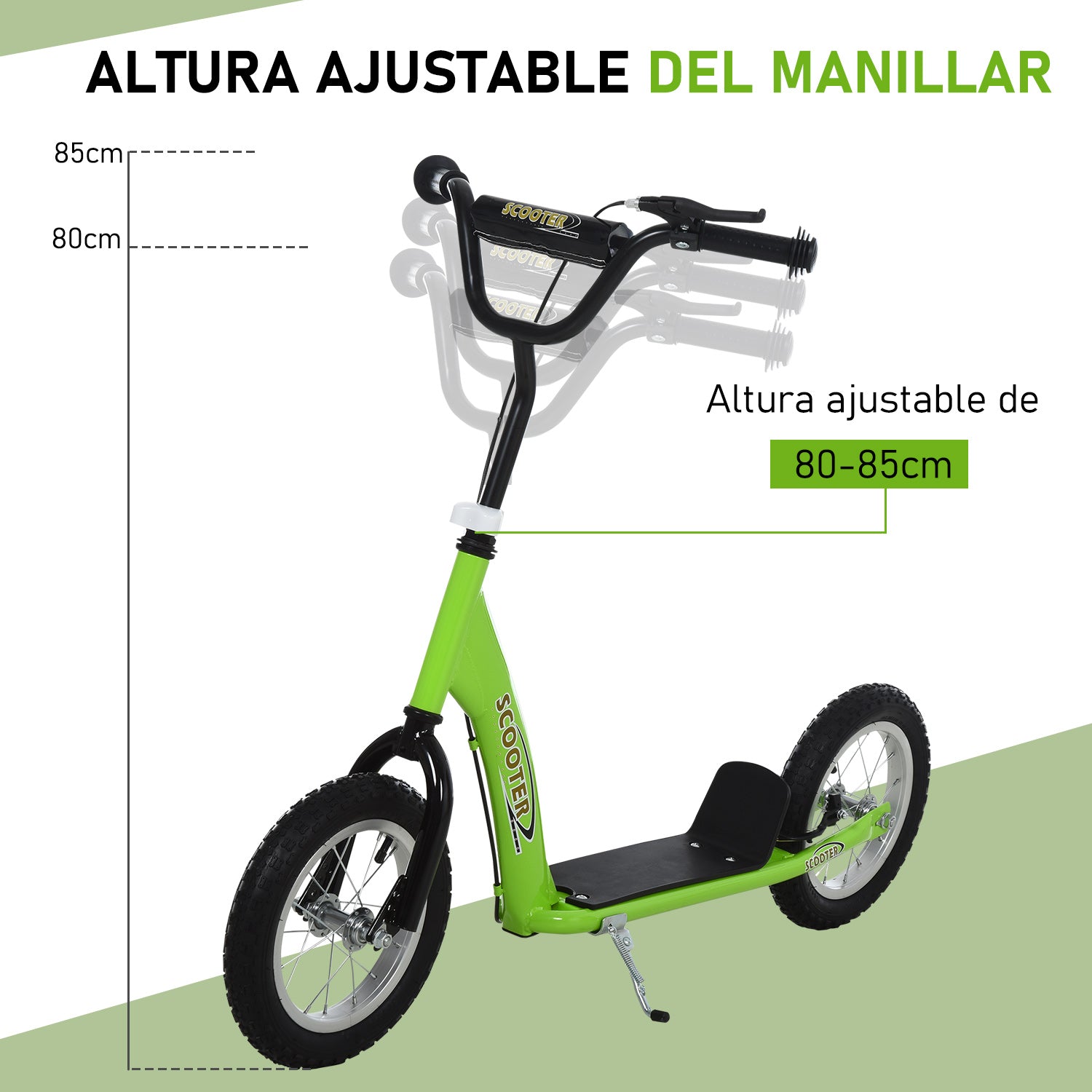 Scooter for Children Over 5 Years Scooter 2 Rubber Inflatable Tires with Handlebar Adjustable Brakes Non-Slip Pedal 117x52x80-85 cm Green