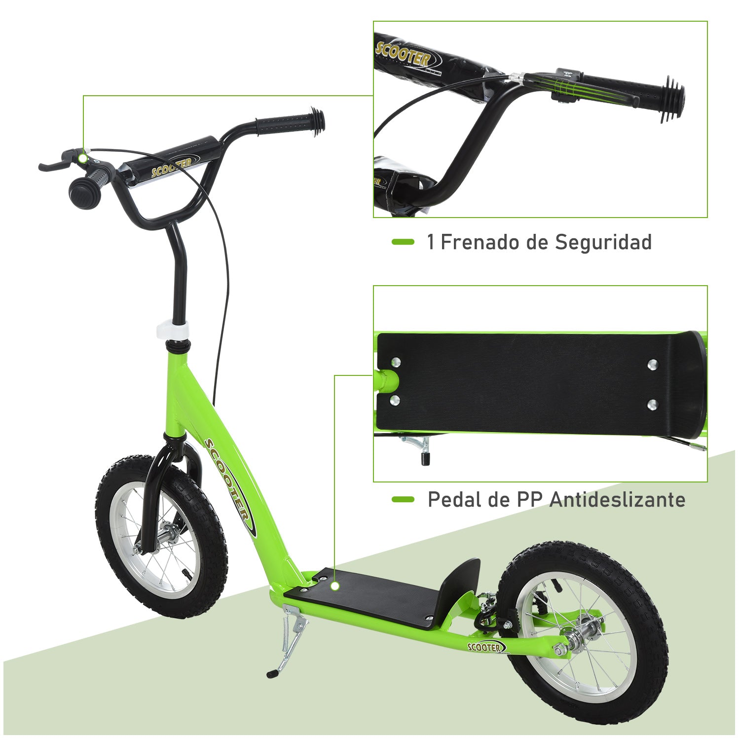 Scooter for Children Over 5 Years Scooter 2 Rubber Inflatable Tires with Handlebar Adjustable Brakes Non-Slip Pedal 117x52x80-85 cm Green