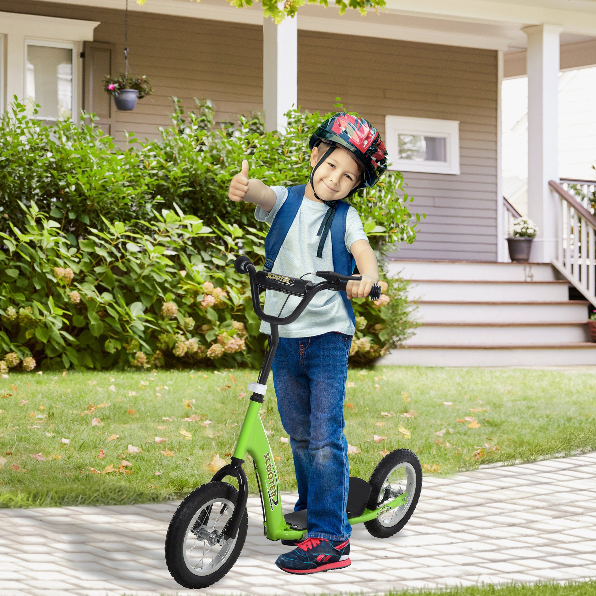 Scooter for Children Over 5 Years Scooter 2 Rubber Inflatable Tires with Handlebar Adjustable Brakes Non-Slip Pedal 117x52x80-85 cm Green