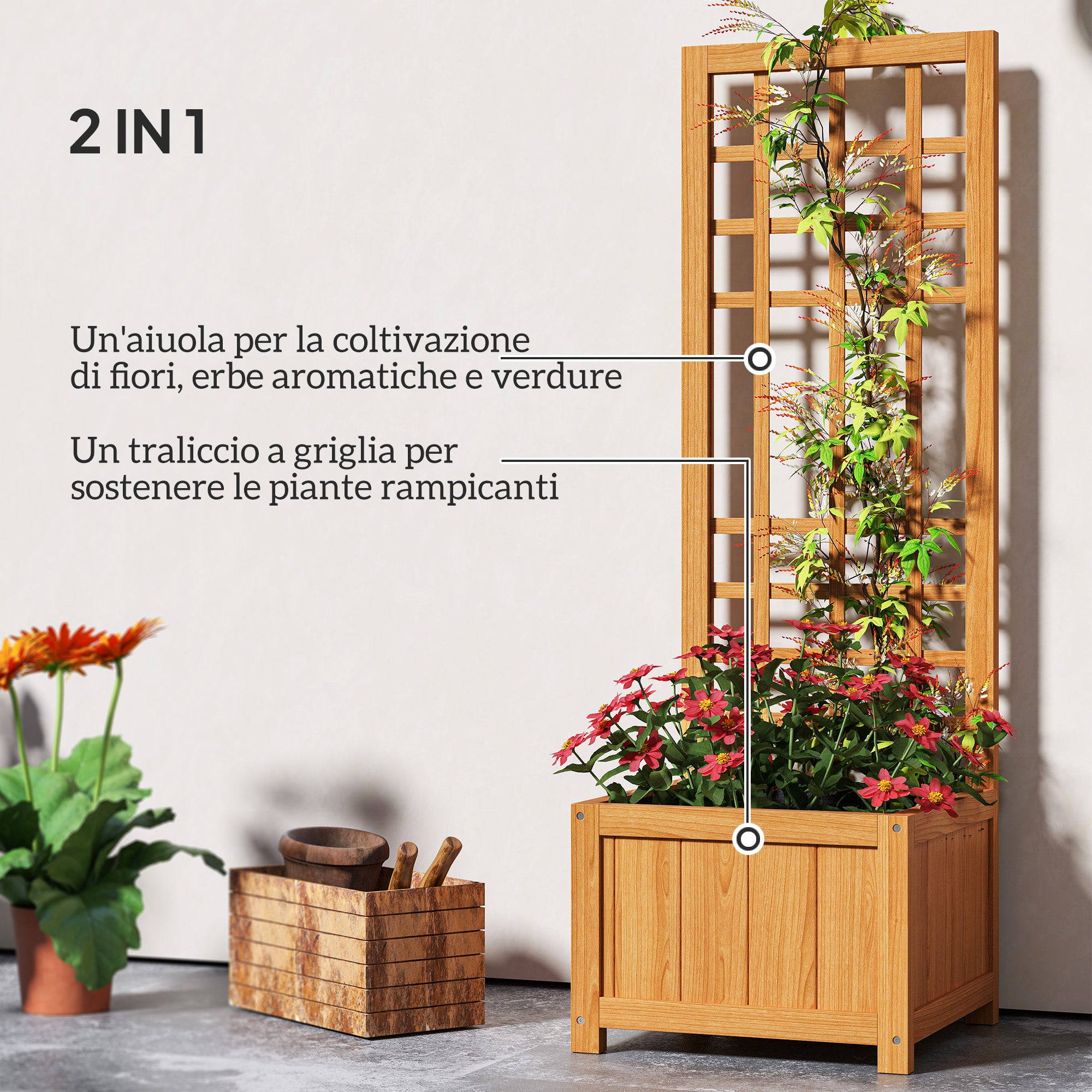 Outdoor Raised Garden Bed with Trellis, Outdoor Planter with Drainage Hole and Breathable Liner in Fir Wood, for Flowers and Vegetables, 40x40x120 cm, Light Brown