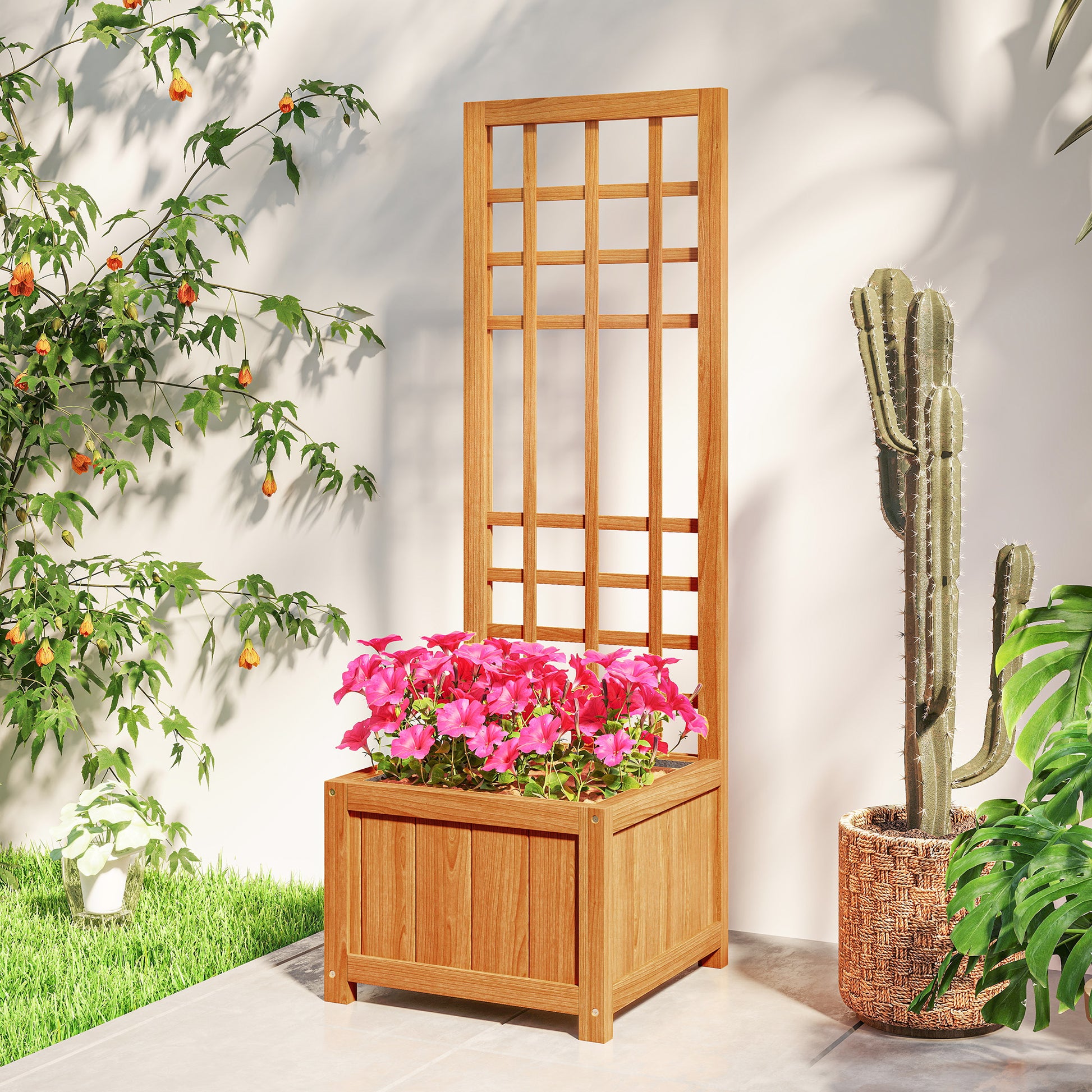 Outdoor Raised Garden Bed with Trellis, Outdoor Planter with Drainage Hole and Breathable Liner in Fir Wood, for Flowers and Vegetables, 40x40x120 cm, Light Brown