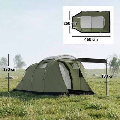 3–4 Person Camping Tent — Waterproof Family Tent with Sleeping Cabin, Front Awning & Living Area, 3000 mm Hydrostatic Head, Green