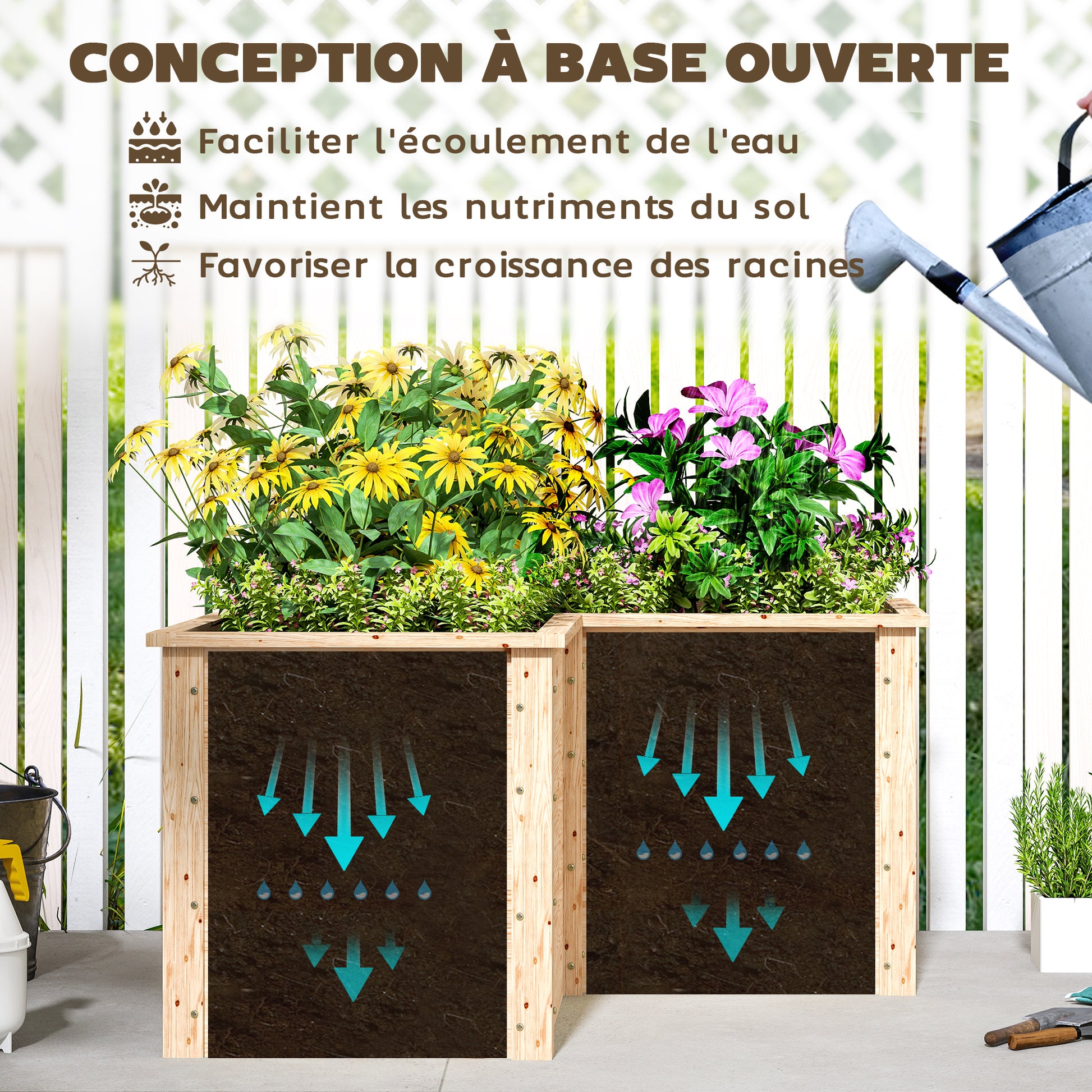 L-Shaped Garden Planter, Raised Garden Bed, Open Bottom Outdoor Flower Box in Natural Wood for Patio Terrace, 120 x 120 x 62 cm, Natural Wood