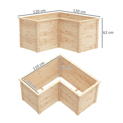 L-Shaped Garden Planter, Raised Garden Bed, Open Bottom Outdoor Flower Box in Natural Wood for Patio Terrace, 120 x 120 x 62 cm, Natural Wood