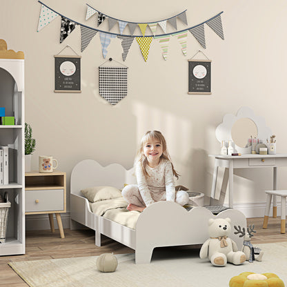 Children's Bed Low Floor Bed 70x140 cm with Safety Barrière, Slatted Base Included and Cloud Decorations, Bed Frame for Boys and Girls 3-8 years old - White