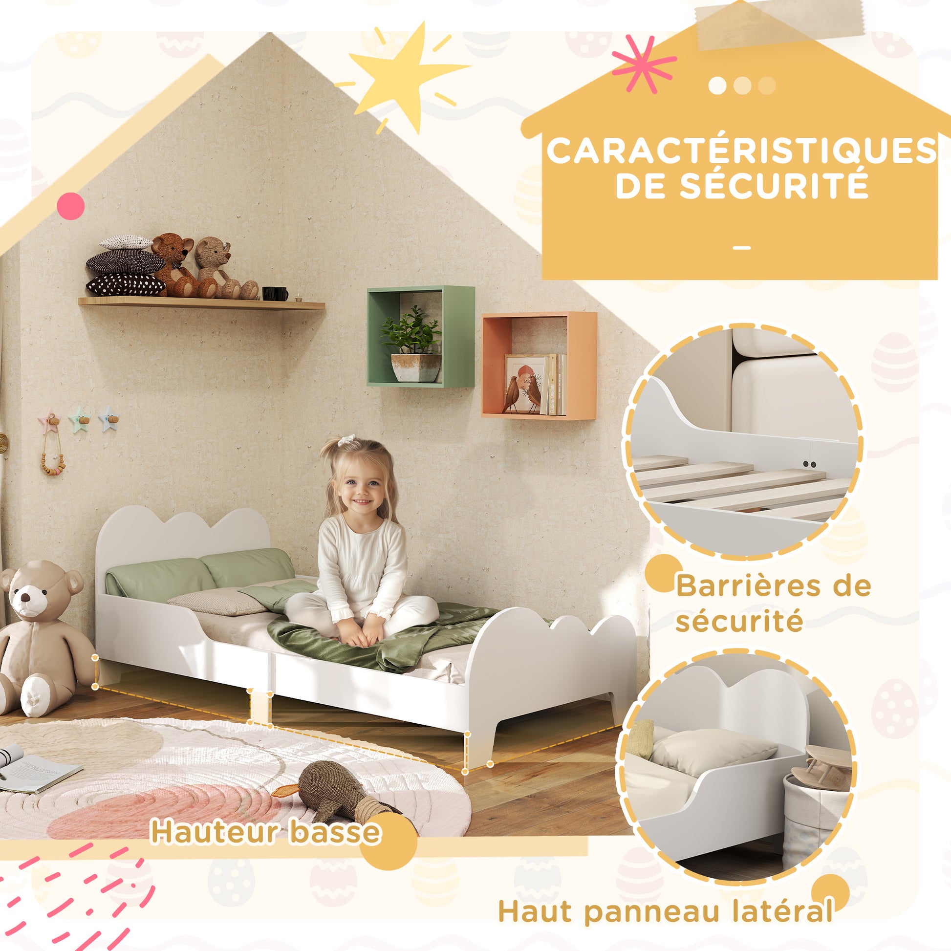 Children's Bed Low Floor Bed 70x140 cm with Safety Barrière, Slatted Base Included and Cloud Decorations, Bed Frame for Boys and Girls 3-8 years old - White