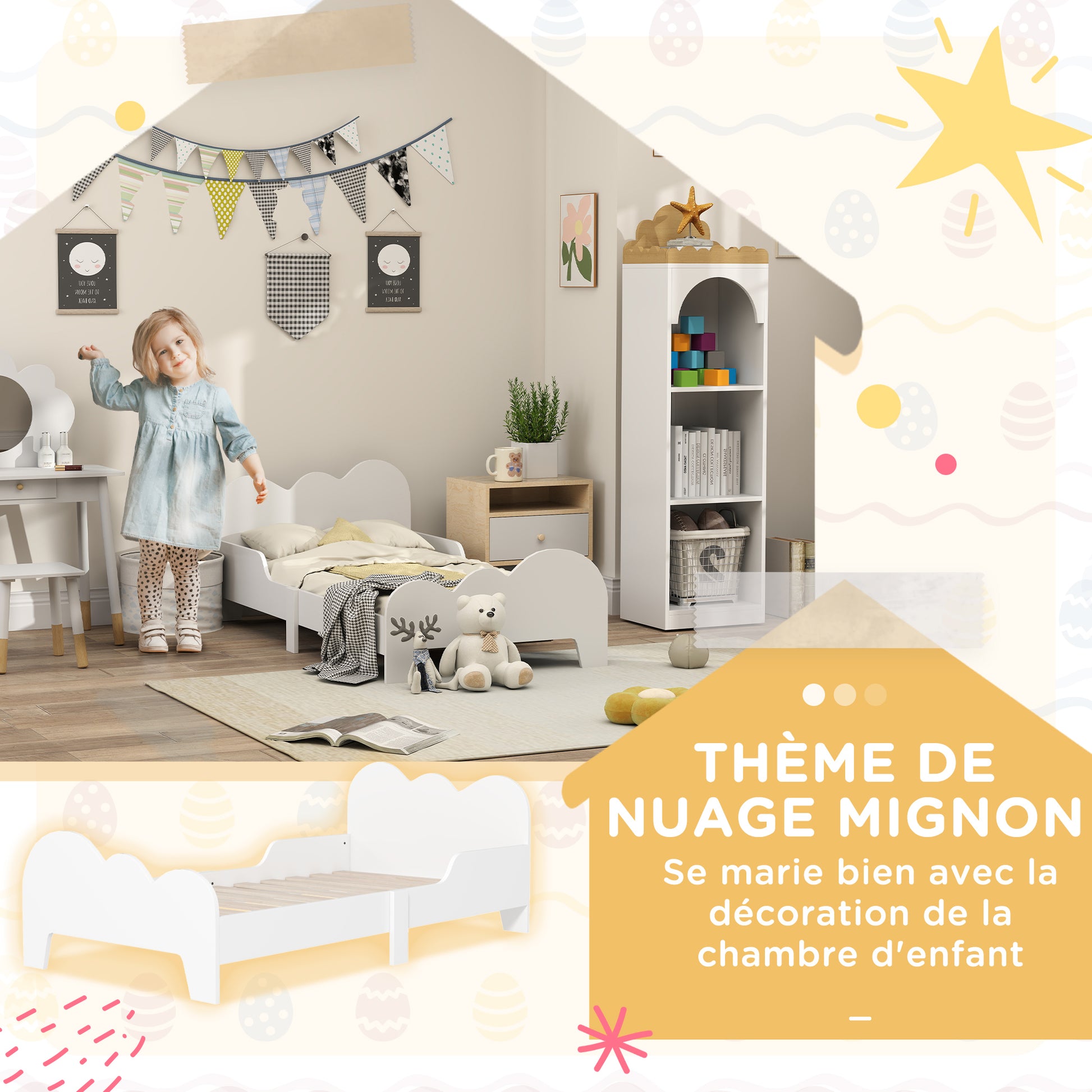 Children's Bed Low Floor Bed 70x140 cm with Safety Barrière, Slatted Base Included and Cloud Decorations, Bed Frame for Boys and Girls 3-8 years old - White