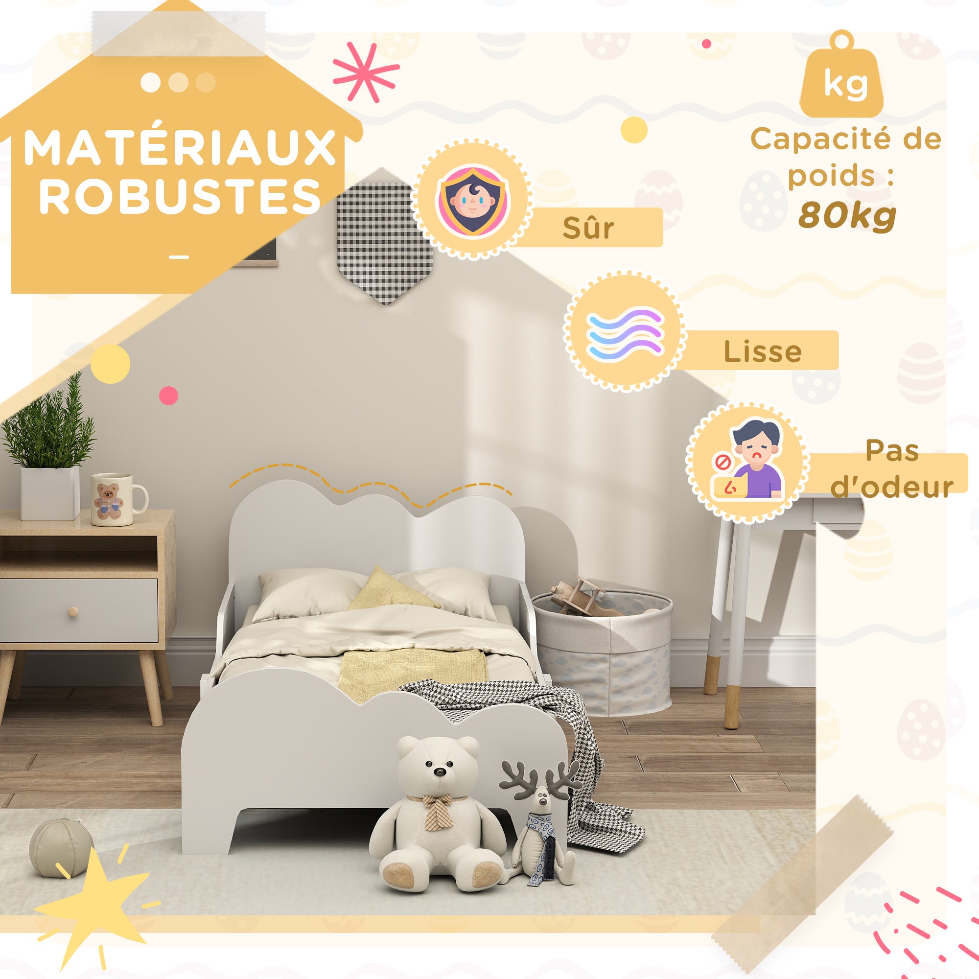 Children's Bed Low Floor Bed 70x140 cm with Safety Barrière, Slatted Base Included and Cloud Decorations, Bed Frame for Boys and Girls 3-8 years old - White