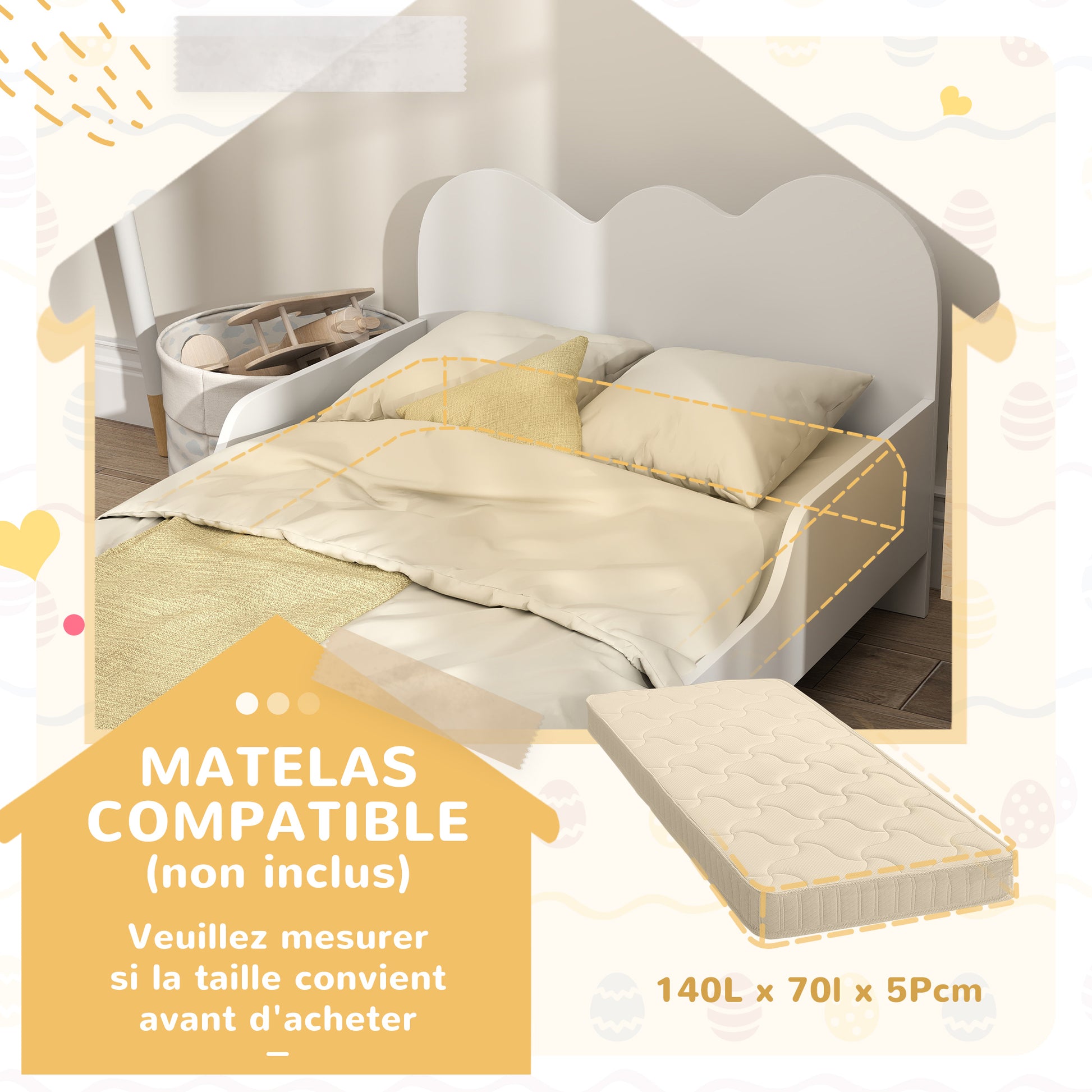 Children's Bed Low Floor Bed 70x140 cm with Safety Barrière, Slatted Base Included and Cloud Decorations, Bed Frame for Boys and Girls 3-8 years old - White