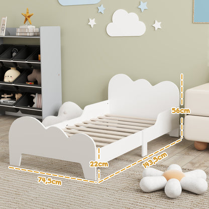 Children's Bed Low Floor Bed 70x140 cm with Safety Barrière, Slatted Base Included and Cloud Decorations, Bed Frame for Boys and Girls 3-8 years old - White