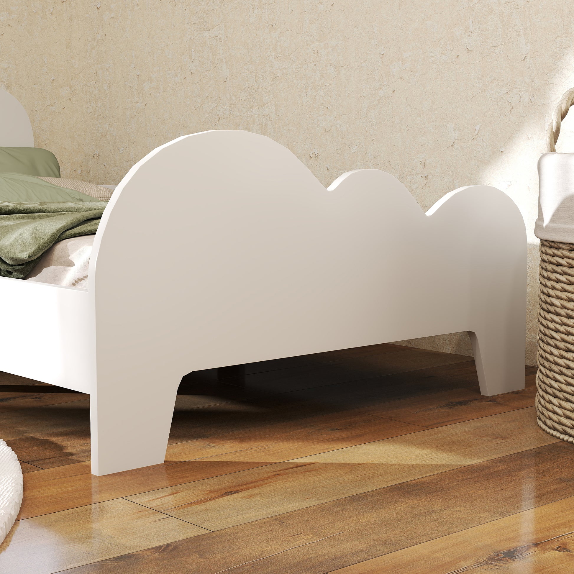 Children's Bed Low Floor Bed 70x140 cm with Safety Barrière, Slatted Base Included and Cloud Decorations, Bed Frame for Boys and Girls 3-8 years old - White