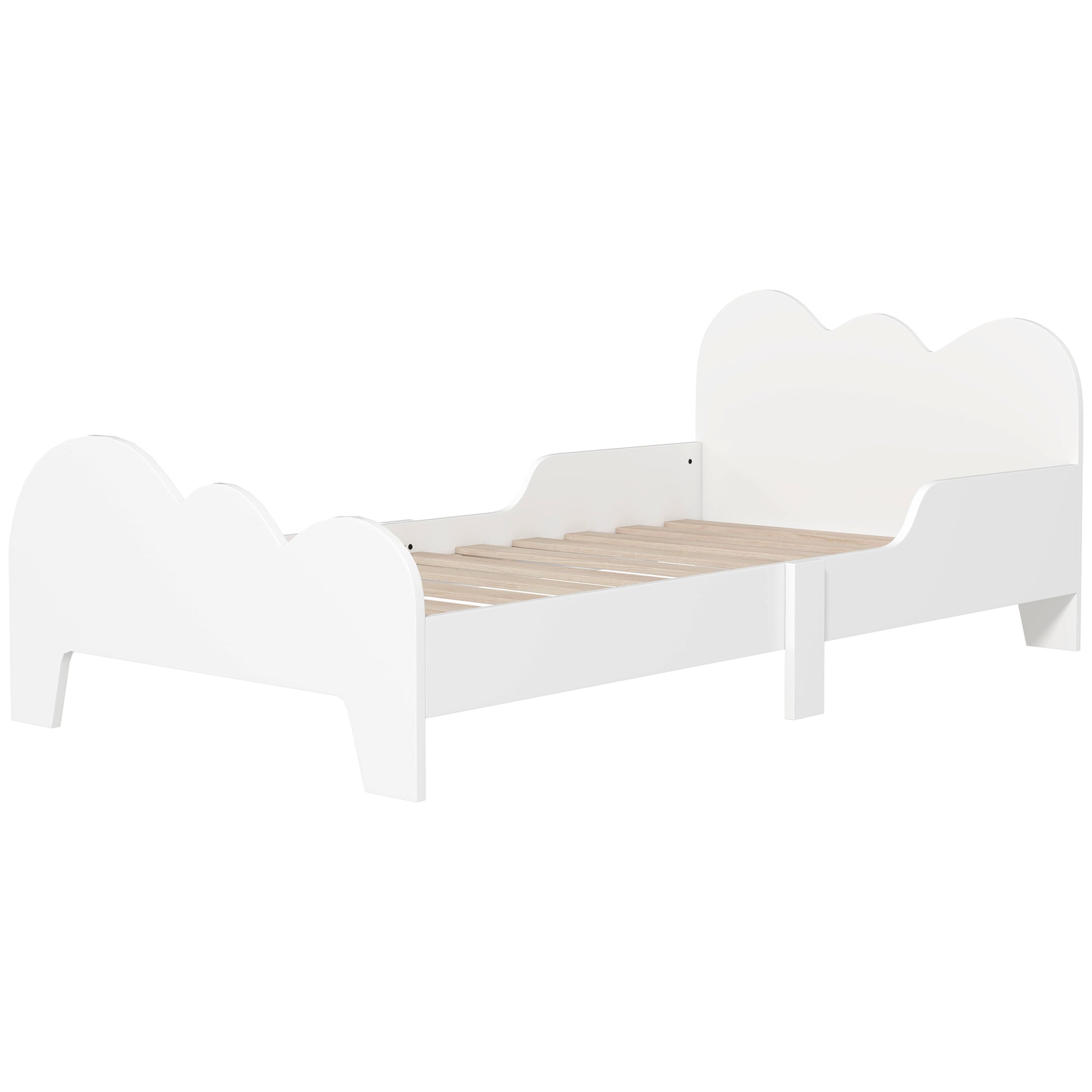 Children's Bed Low Floor Bed 70x140 cm with Safety Barrière, Slatted Base Included and Cloud Decorations, Bed Frame for Boys and Girls 3-8 years old - White