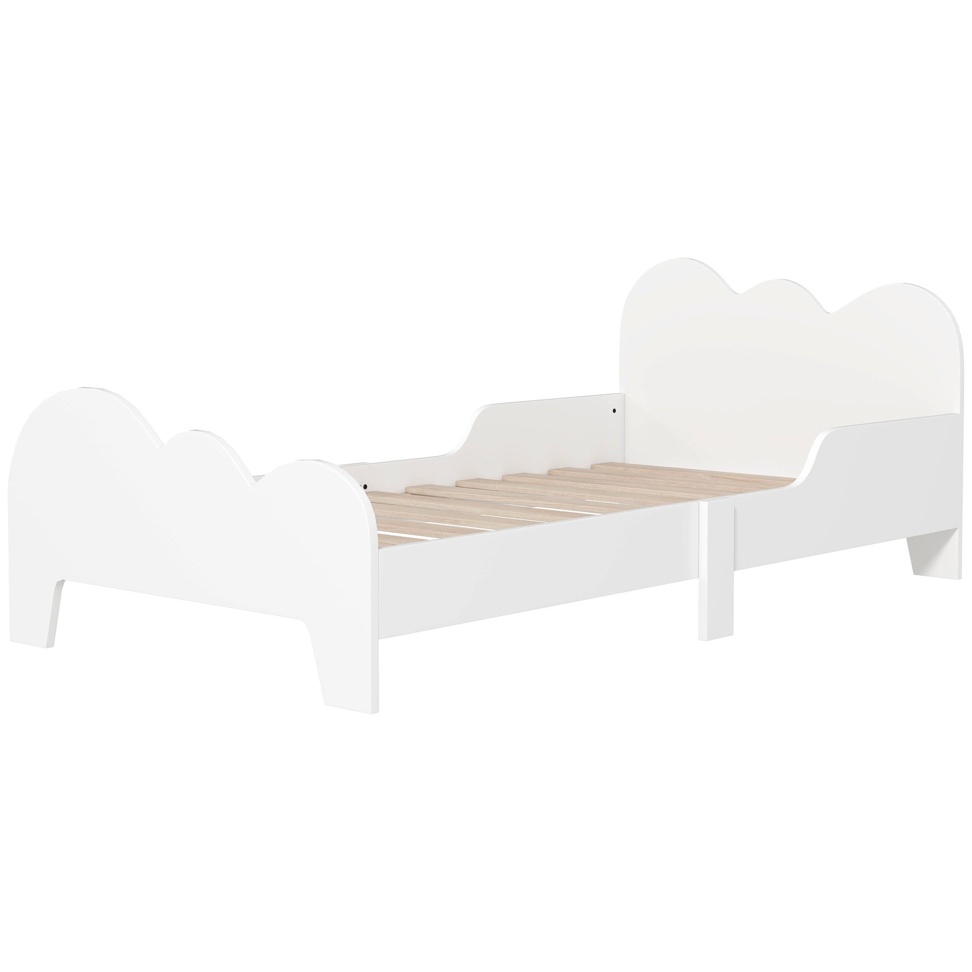 Children's Bed Low Floor Bed 70x140 cm with Safety Barrière, Slatted Base Included and Cloud Decorations, Bed Frame for Boys and Girls 3-8 years old - White