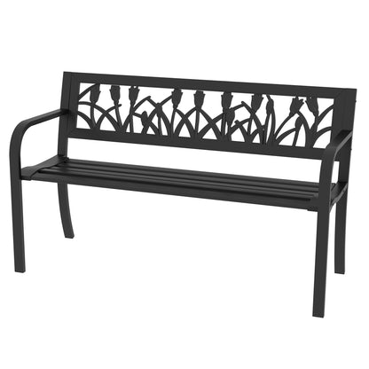 Steel Garden Bench, 2-Seater Garden Bench with Decorated Backrest and Armrests, 125x50x75cm, Black