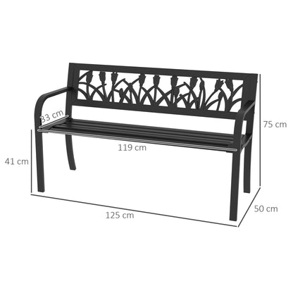 Steel Garden Bench, 2-Seater Garden Bench with Decorated Backrest and Armrests, 125x50x75cm, Black
