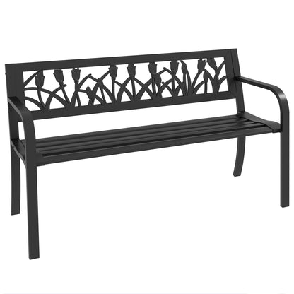 Steel Garden Bench, 2-Seater Garden Bench with Decorated Backrest and Armrests, 125x50x75cm, Black