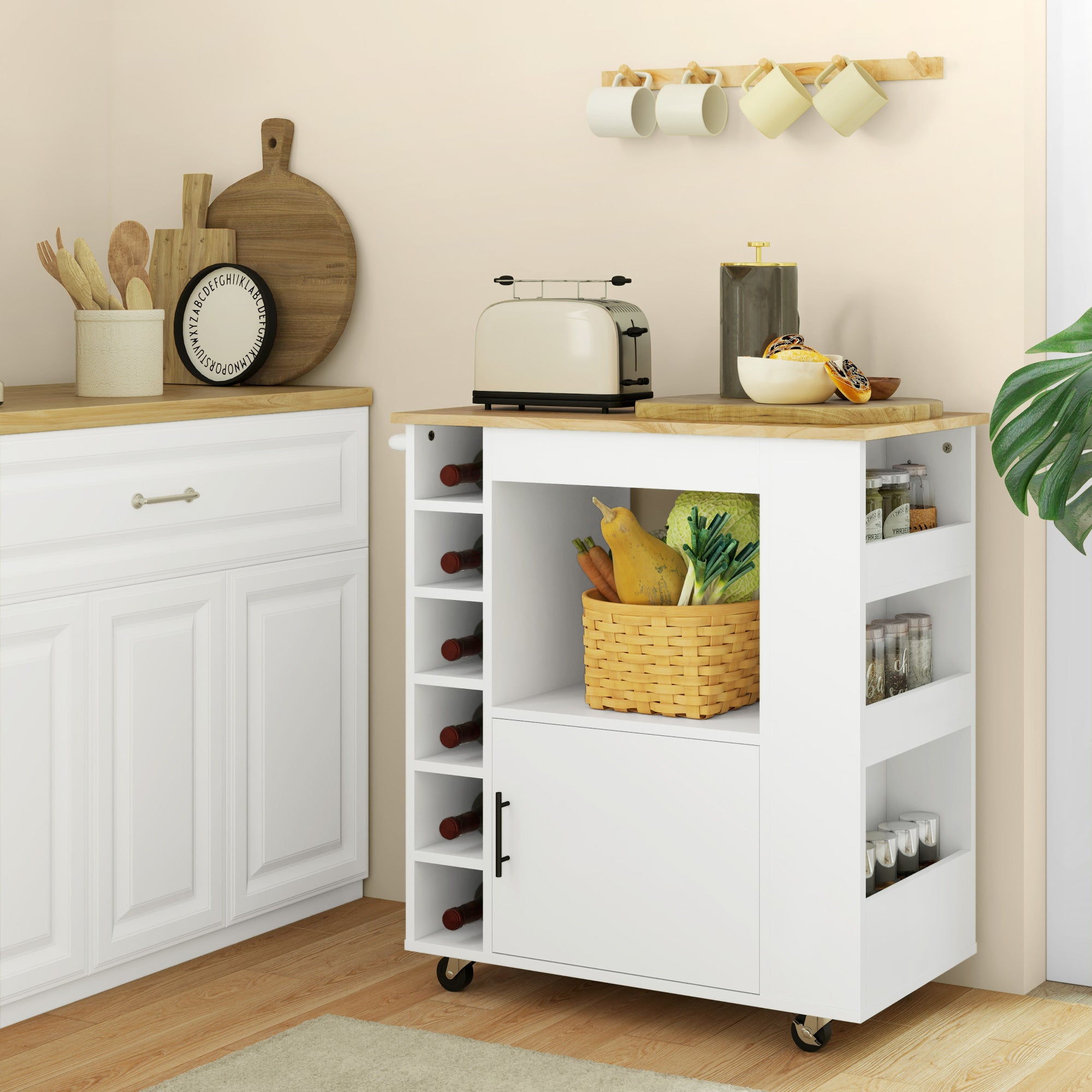 Kitchen Trolley with 6 Bottle Holders, 3 Side Shelves and Cabinet with Soft-Closing Hinges, Kitchen Cart with Towel Rack and Rubber Wood Top, 83x40x83cm, Oak