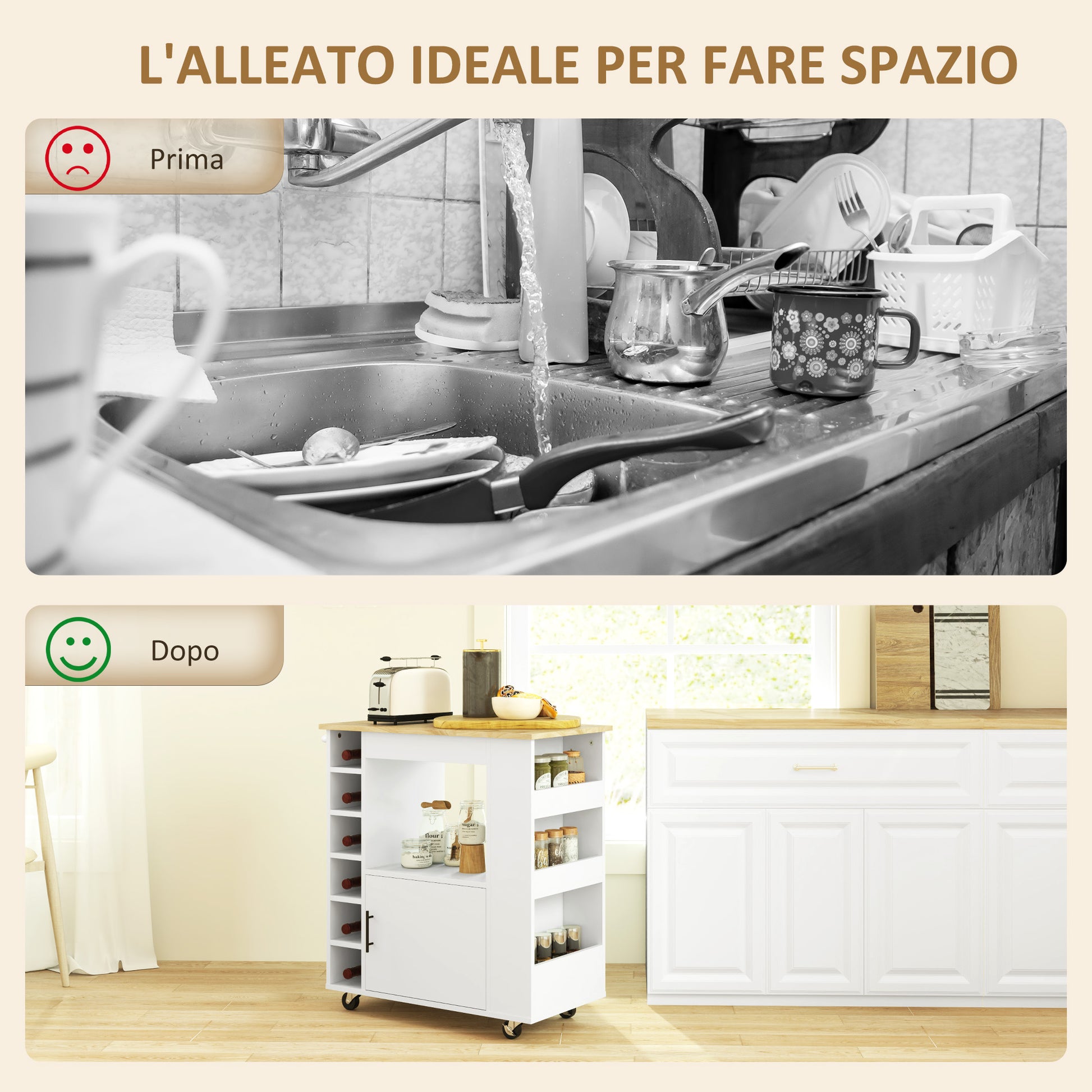 Kitchen Trolley with 6 Bottle Holders, 3 Side Shelves and Cabinet with Soft-Closing Hinges, Kitchen Cart with Towel Rack and Rubber Wood Top, 83x40x83cm, Oak
