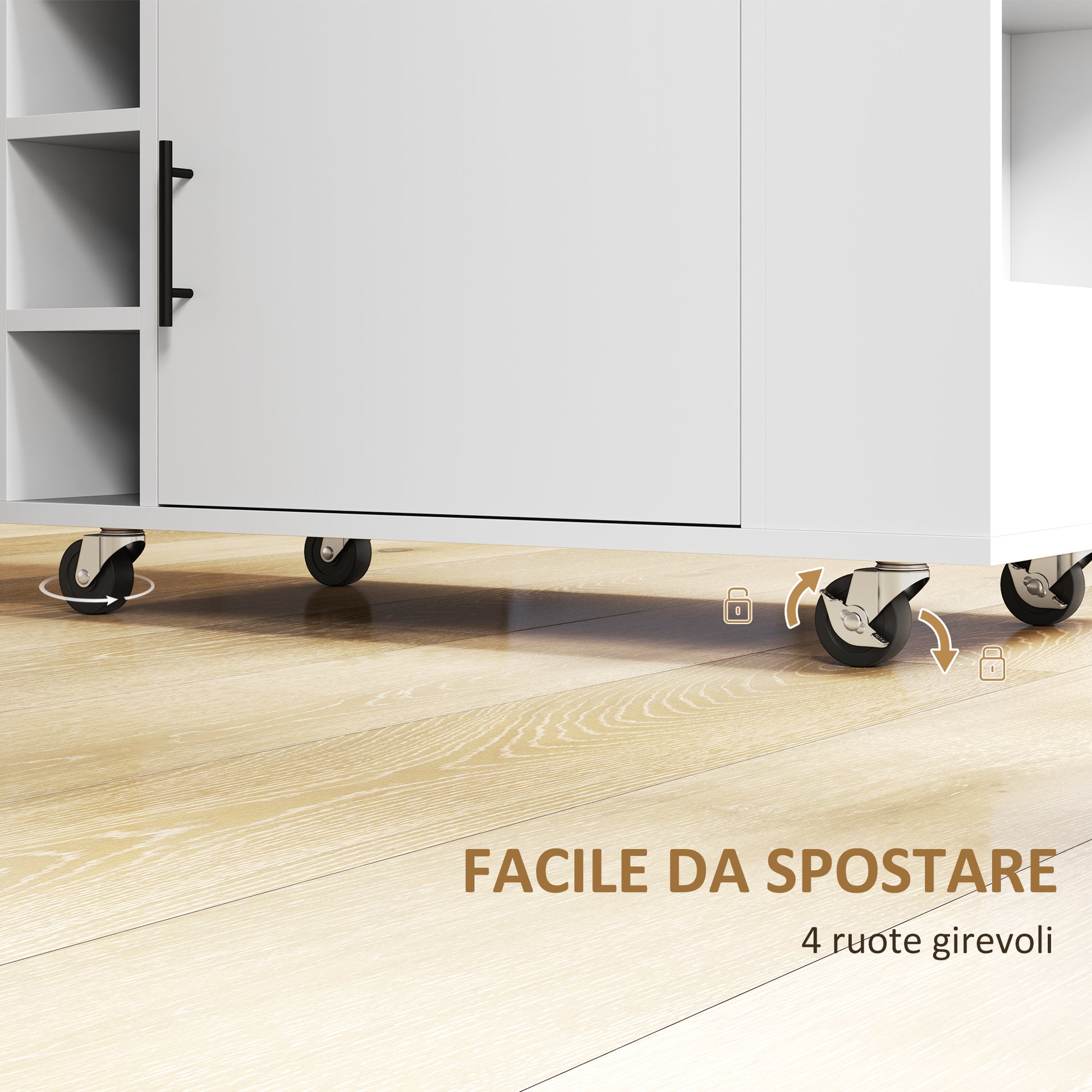 Kitchen Trolley with 6 Bottle Holders, 3 Side Shelves and Cabinet with Soft-Closing Hinges, Kitchen Cart with Towel Rack and Rubber Wood Top, 83x40x83cm, Oak