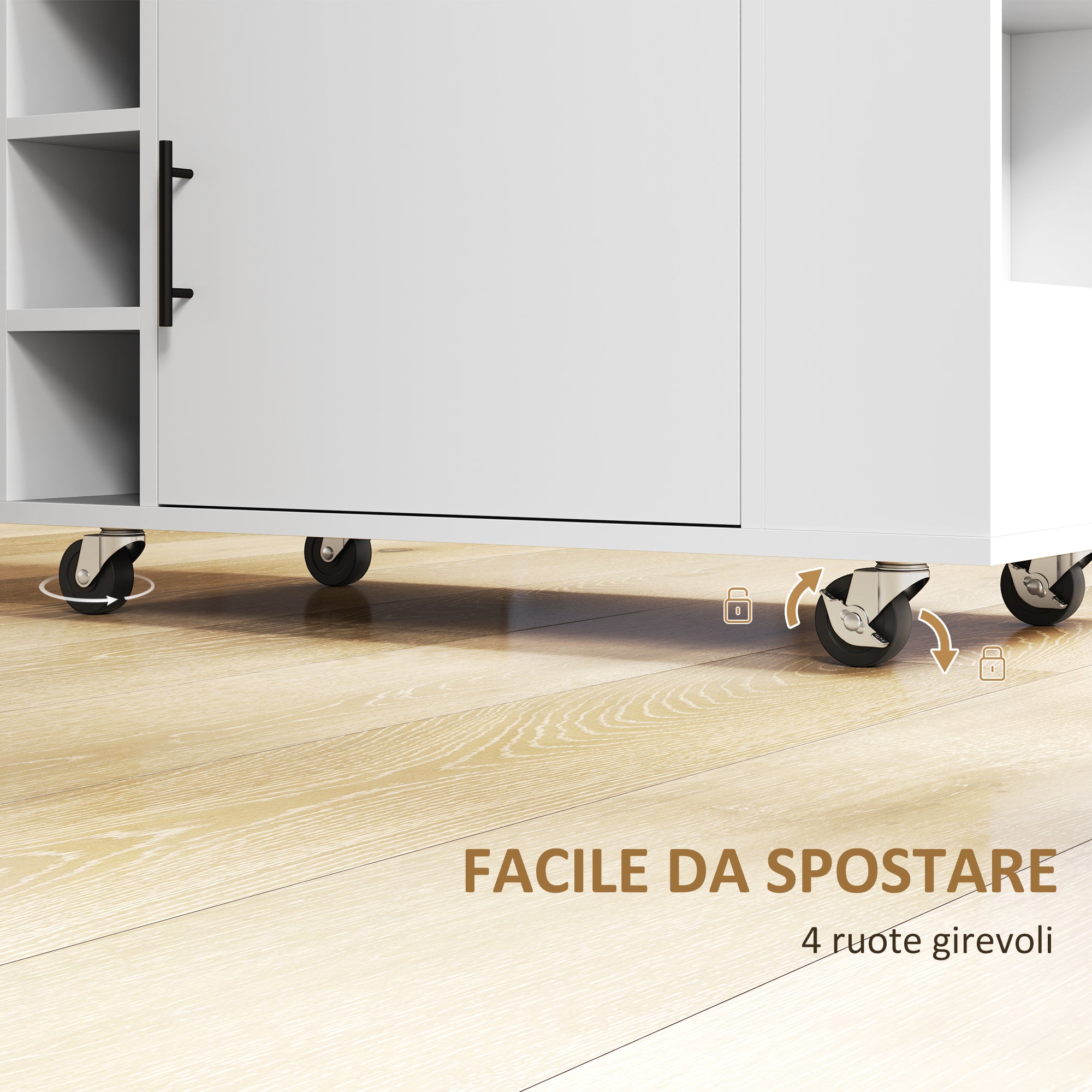 Kitchen Trolley with 6 Bottle Holders, 3 Side Shelves and Cabinet with Soft-Closing Hinges, Kitchen Cart with Towel Rack and Rubber Wood Top, 83x40x83cm, Oak