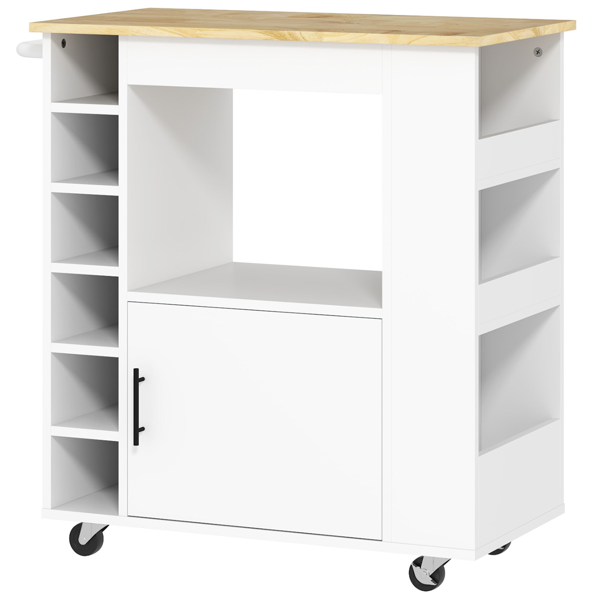 Kitchen Trolley with 6 Bottle Holders, 3 Side Shelves and Cabinet with Soft-Closing Hinges, Kitchen Cart with Towel Rack and Rubber Wood Top, 83x40x83cm, Oak