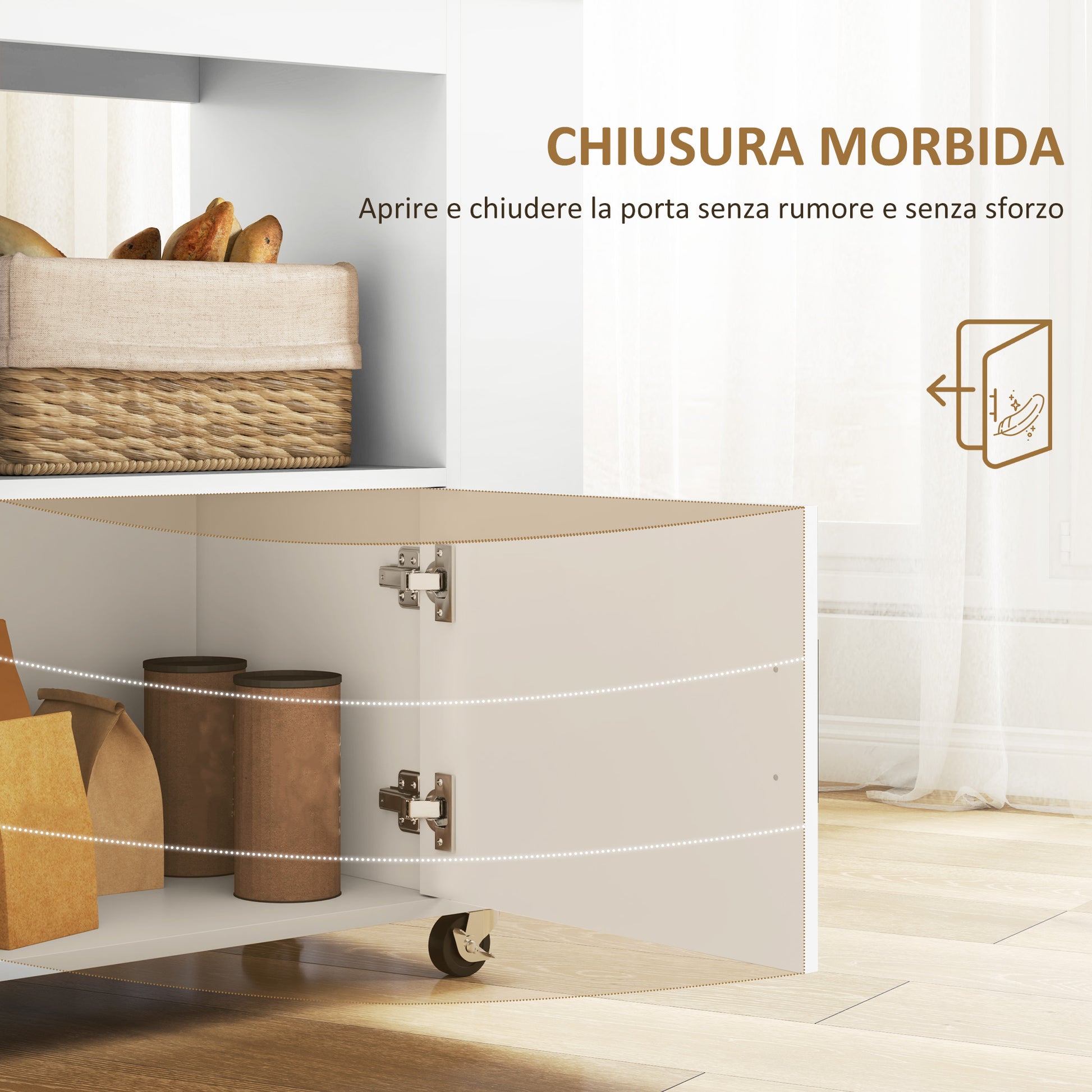 Kitchen Trolley with 6 Bottle Holders, 3 Side Shelves and Cabinet with Soft-Closing Hinges, Kitchen Cart with Towel Rack and Rubber Wood Top, 83x40x83cm, Oak