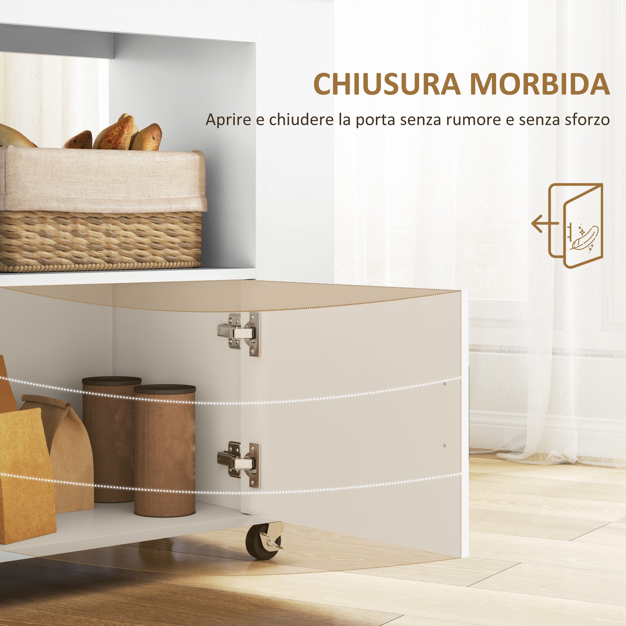 Kitchen Trolley with 6 Bottle Holders, 3 Side Shelves and Cabinet with Soft-Closing Hinges, Kitchen Cart with Towel Rack and Rubber Wood Top, 83x40x83cm, Oak