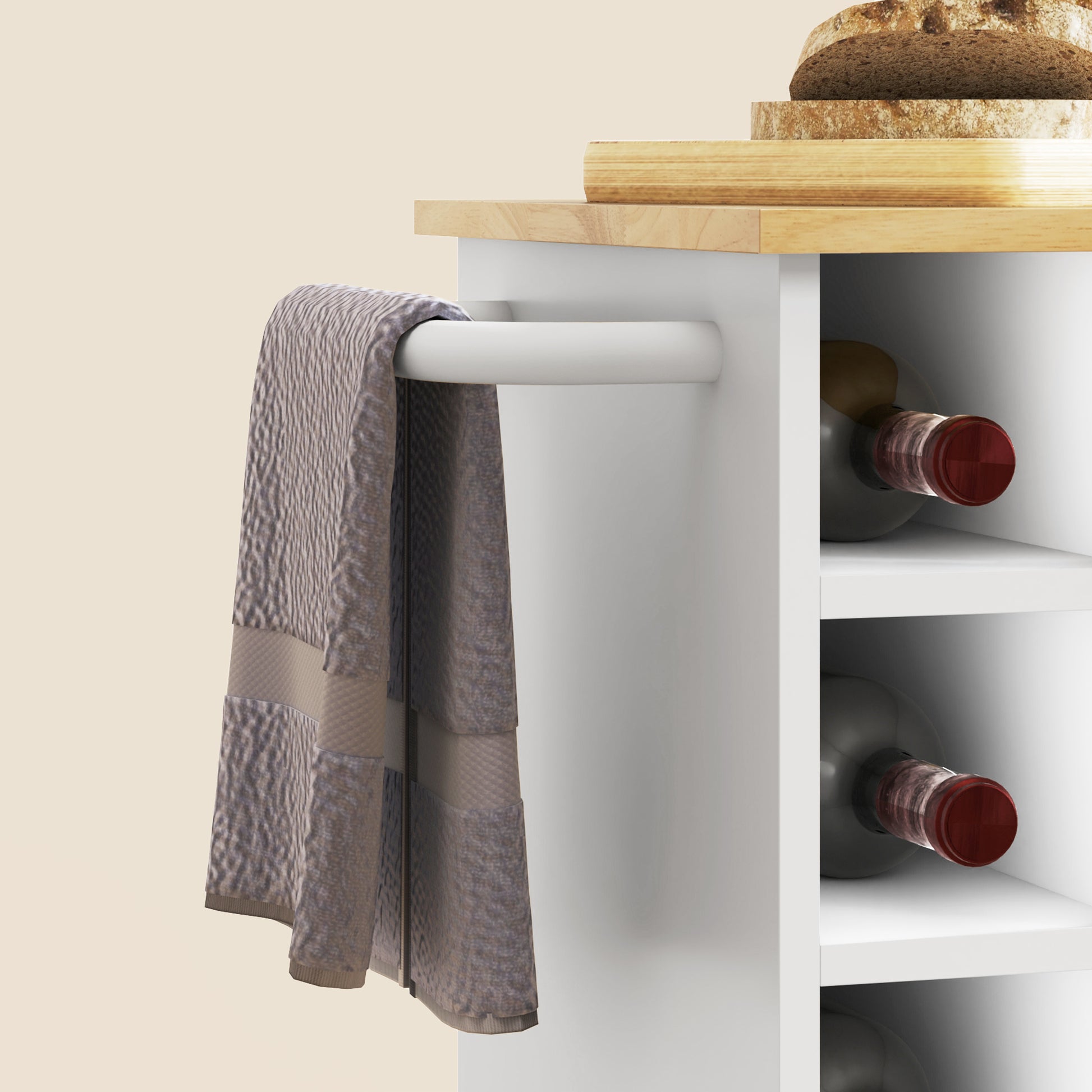 Kitchen Trolley with 6 Bottle Holders, 3 Side Shelves and Cabinet with Soft-Closing Hinges, Kitchen Cart with Towel Rack and Rubber Wood Top, 83x40x83cm, Oak