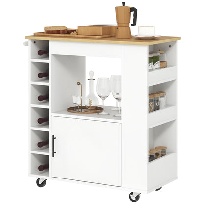 Kitchen Trolley with 6 Bottle Holders, 3 Side Shelves and Cabinet with Soft-Closing Hinges, Kitchen Cart with Towel Rack and Rubber Wood Top, 83x40x83cm, Oak
